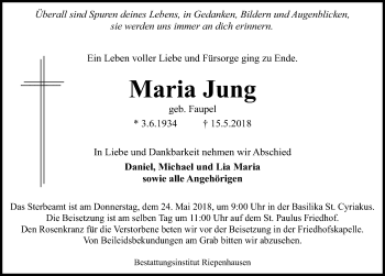 Traueranzeige von Maria Jung von Eichsfelder Tageblatt