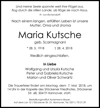 Traueranzeige von Maria Kutsche von Hannoversche Allgemeine Zeitung/Neue Presse