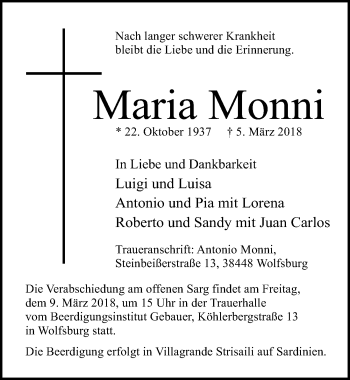 Traueranzeige von Maria Monni von Aller Zeitung