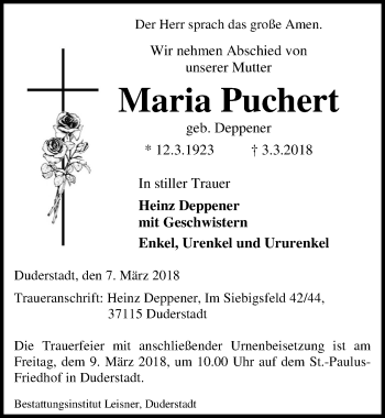 Traueranzeige von Maria Puchert von Eichsfelder Tageblatt
