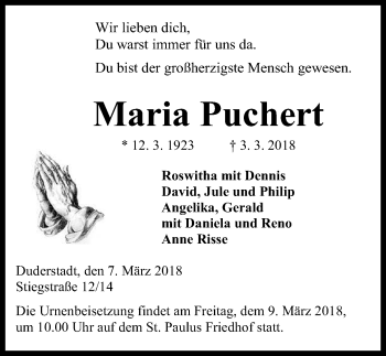 Traueranzeige von Maria Puchert von Eichsfelder Tageblatt
