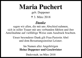 Traueranzeige von Maria Puchert von Eichsfelder Tageblatt