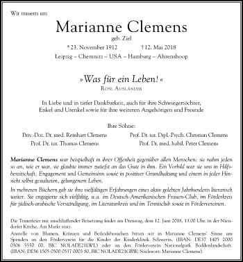 Traueranzeige von Marianne Clemens von Ostsee-Zeitung GmbH