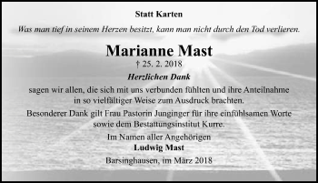 Traueranzeige von Marianne Mast von Hannoversche Allgemeine Zeitung/Neue Presse