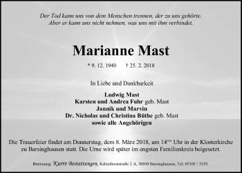 Traueranzeige von Marianne Mast von Hannoversche Allgemeine Zeitung/Neue Presse
