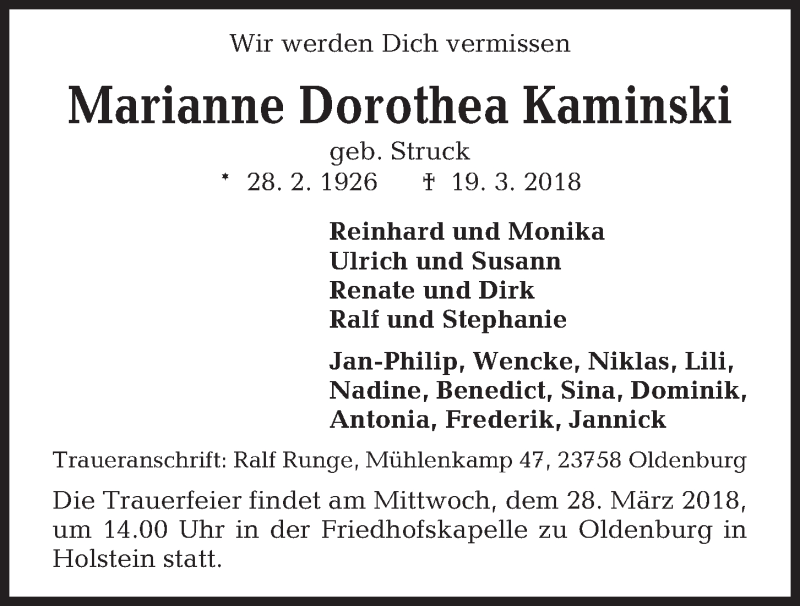  Traueranzeige für Marianne Dorothea Kaminski vom 24.03.2018 aus Kieler Nachrichten