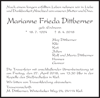 Traueranzeige von Marianne Frieda Dittberner von Kieler Nachrichten