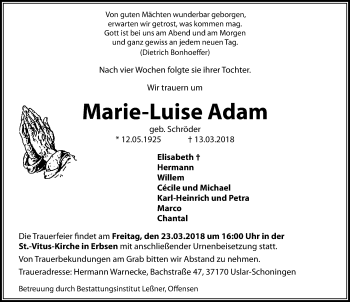 Traueranzeige von Marie-Luise Adam von Göttinger Tageblatt