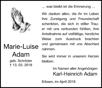 Traueranzeige von Marie-Luise Adam von Göttinger Tageblatt