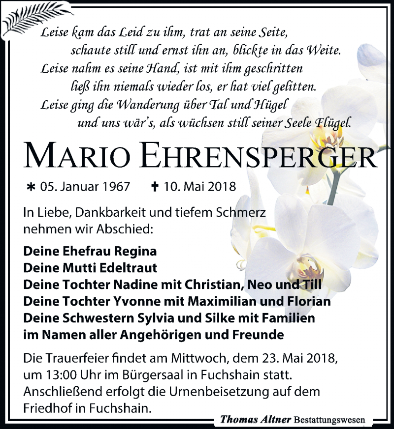  Traueranzeige für Mario Ehrensperger vom 19.05.2018 aus Leipziger Volkszeitung