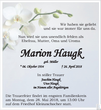 Traueranzeige von Marion Haugk von Leipziger Volkszeitung