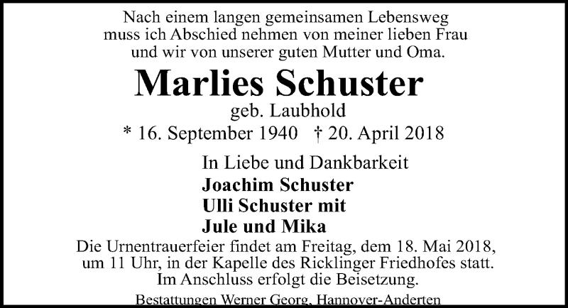  Traueranzeige für Marlies Schuster vom 12.05.2018 aus Hannoversche Allgemeine Zeitung/Neue Presse