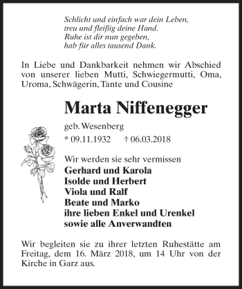 Traueranzeige von Marta Niffenegger von Märkischen Allgemeine Zeitung
