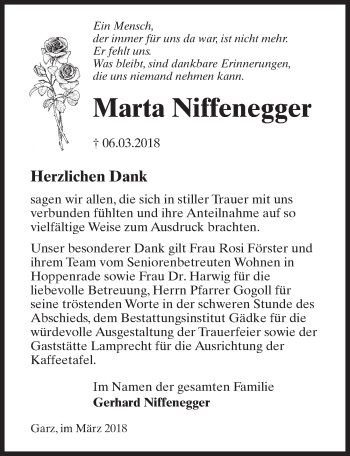 Traueranzeige von Marta Niffenegger von Märkischen Allgemeine Zeitung