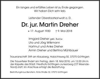 Traueranzeige von Martin Dreher von Göttinger Tageblatt
