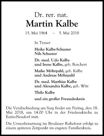 Traueranzeige von Martin Kalbe von Lübecker Nachrichten