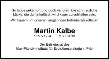 Traueranzeige von Martin Kalbe von Lübecker Nachrichten