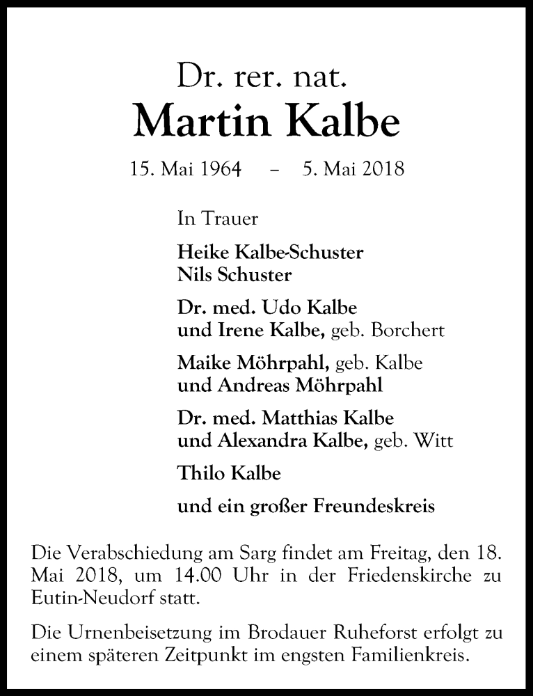  Traueranzeige für Martin Kalbe vom 12.05.2018 aus Lübecker Nachrichten