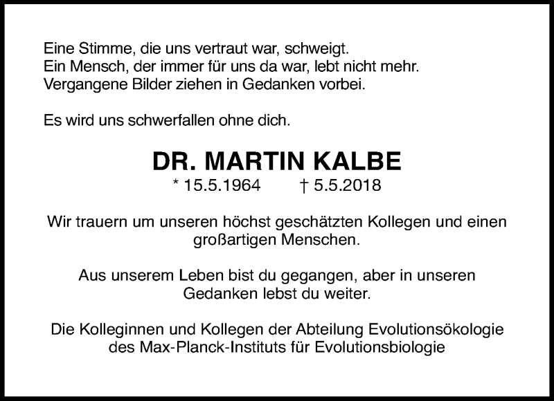  Traueranzeige für Martin Kalbe vom 12.05.2018 aus Kieler Nachrichten