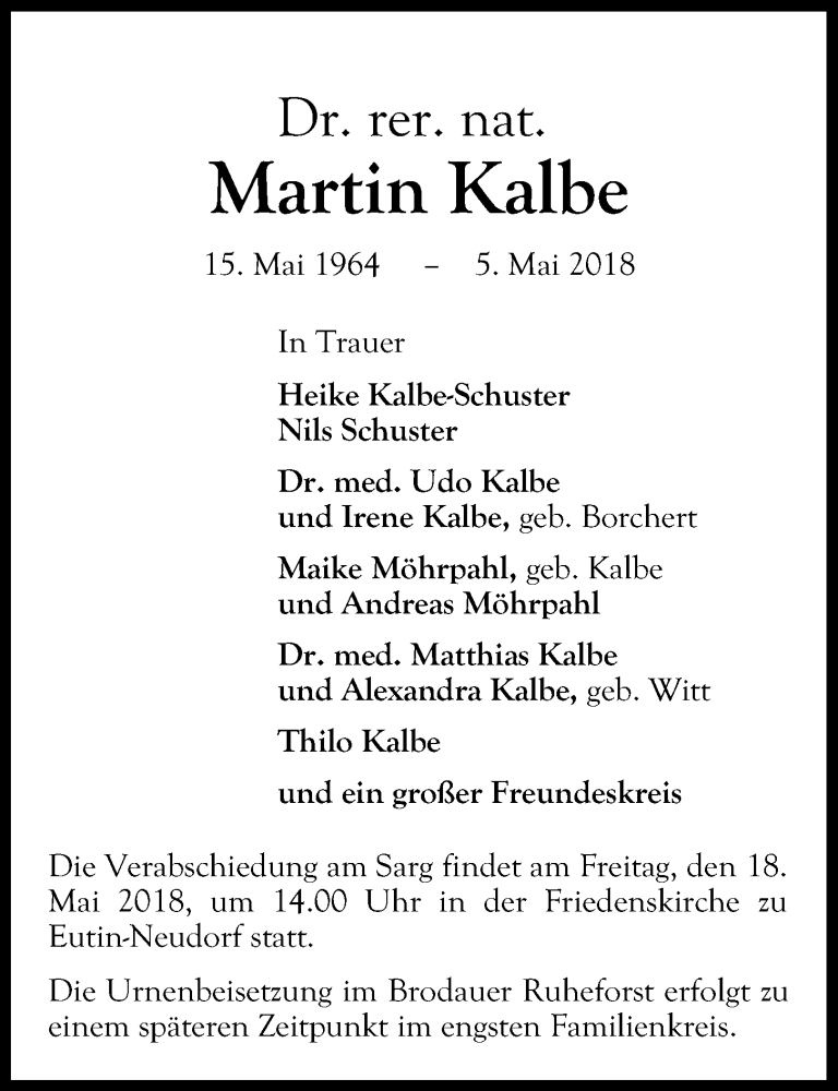  Traueranzeige für Martin Kalbe vom 12.05.2018 aus Kieler Nachrichten