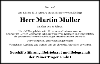 Traueranzeige von Martin Müller von Peiner Allgemeine Zeitung