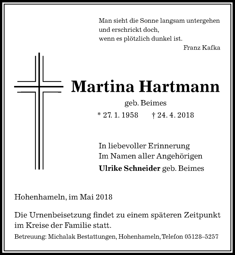  Traueranzeige für Martina Hartmann vom 02.05.2018 aus Peiner Allgemeine Zeitung