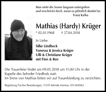 Traueranzeige von Mathias Krüger von Hannoversche Allgemeine Zeitung/Neue Presse