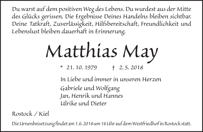  Traueranzeige für Matthias May vom 19.05.2018 aus Kieler Nachrichten