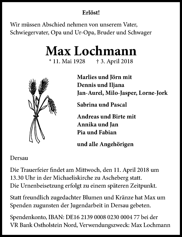  Traueranzeige für Max Lochmann vom 07.04.2018 aus Kieler Nachrichten
