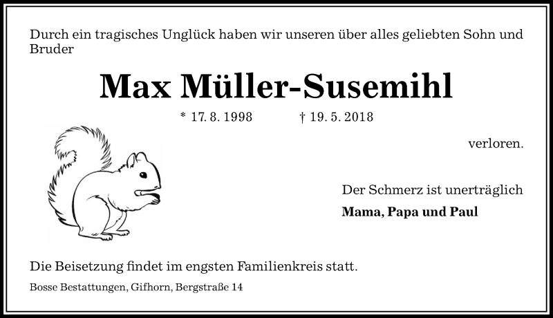  Traueranzeige für Max Müller-Susemihl vom 24.05.2018 aus Aller Zeitung
