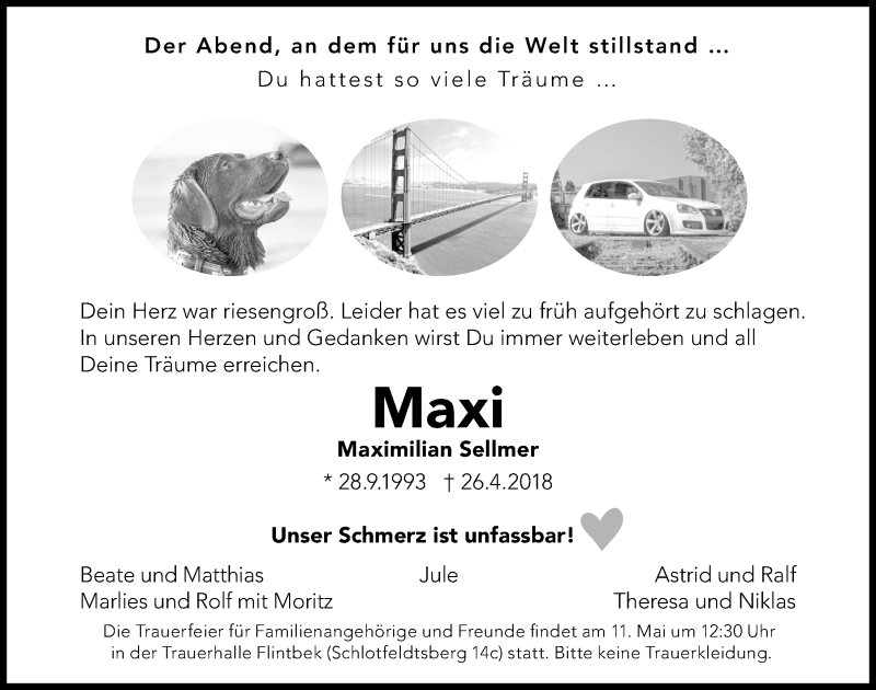  Traueranzeige für Maximilian Sellmer vom 05.05.2018 aus Kieler Nachrichten