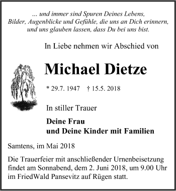 Traueranzeige von Michael Dietze von Ostsee-Zeitung GmbH