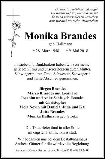 Traueranzeige von Monika Brandes von Peiner Allgemeine Zeitung