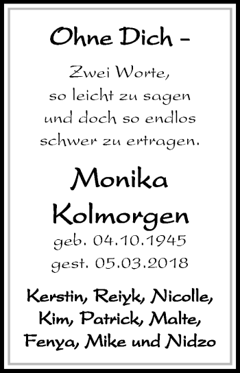 Traueranzeige von Monika Kolmorgen von Kieler Nachrichten
