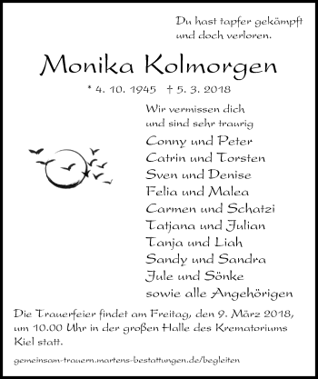 Traueranzeige von Monika Kolmorgen von Kieler Nachrichten