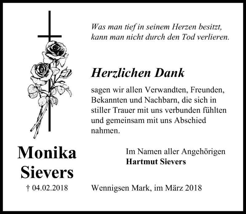  Traueranzeige für Monika Sievers vom 10.03.2018 aus Hannoversche Allgemeine Zeitung/Neue Presse
