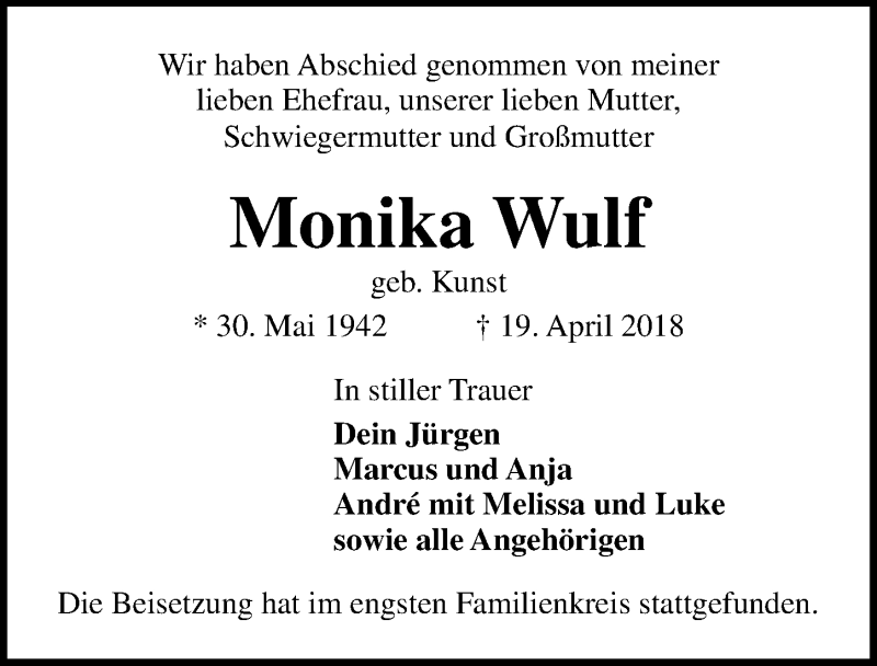  Traueranzeige für Monika Wulf vom 13.05.2018 aus Lübecker Nachrichten