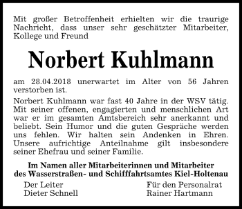 Traueranzeige von Norbert Kuhlmann von Kieler Nachrichten