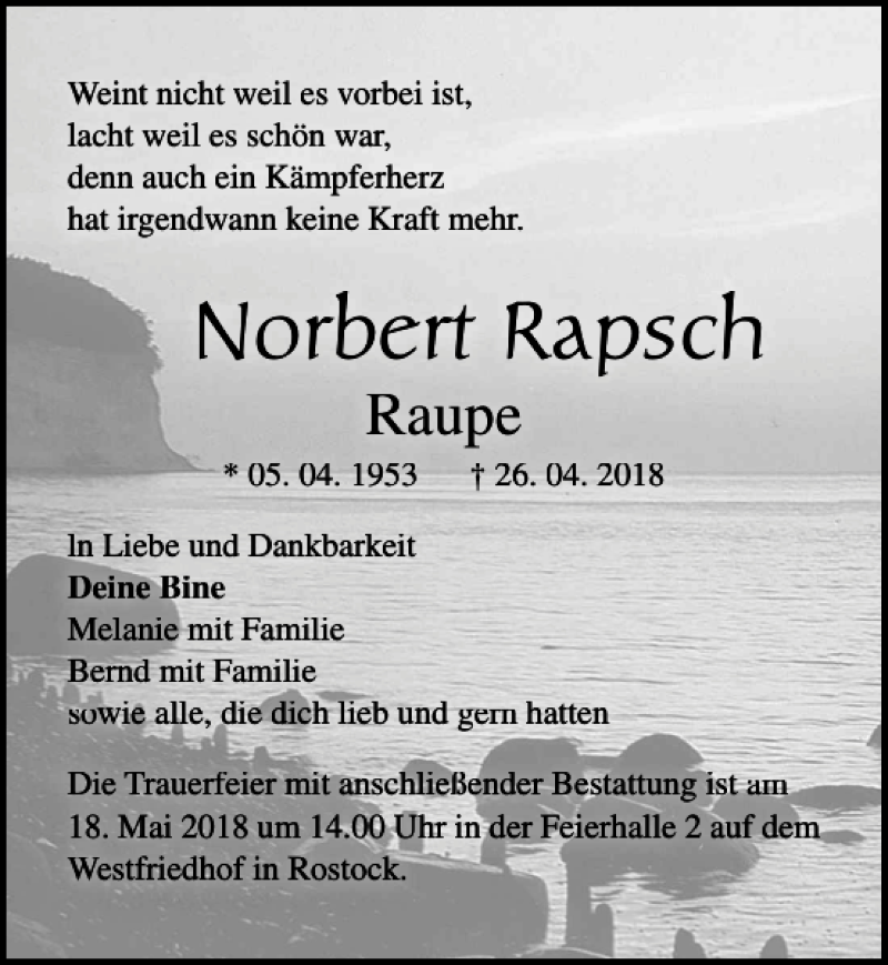  Traueranzeige für Norbert Rapsch vom 05.05.2018 aus Ostsee-Zeitung