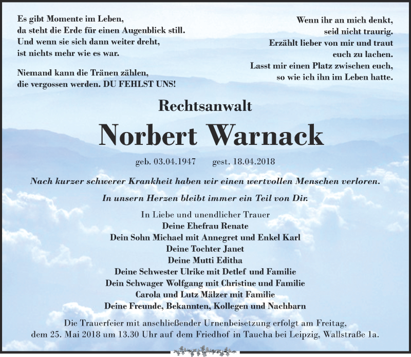  Traueranzeige für Norbert Warnack vom 12.05.2018 aus Leipziger Volkszeitung