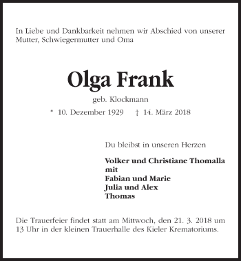 Traueranzeige von Olga Frank von Kieler Nachrichten