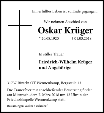 Traueranzeige von Oskar Krüger von Schaumburger Nachrichten