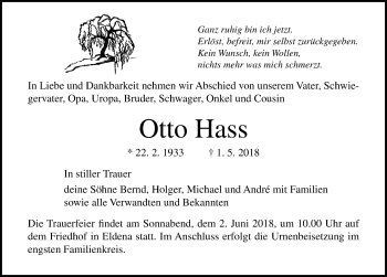 Traueranzeige von Otto Hass von Ostsee-Zeitung GmbH