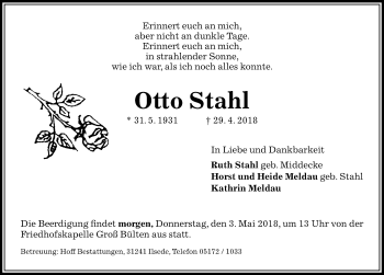 Traueranzeige von Otto Stahl von Peiner Allgemeine Zeitung