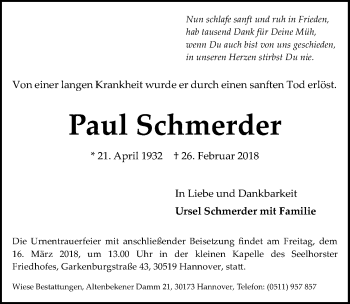 Traueranzeige von Paul Schmerder von Hannoversche Allgemeine Zeitung/Neue Presse