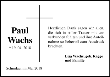 Traueranzeige von Paul Wachs von Lübecker Nachrichten