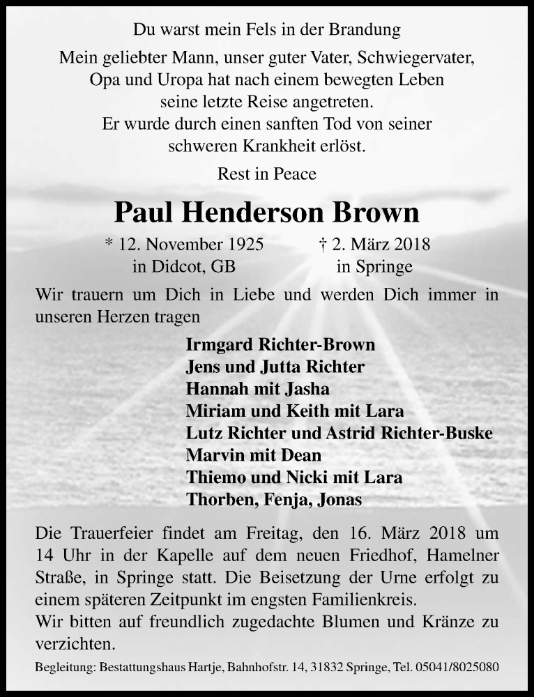  Traueranzeige für Paul Henderson Brown vom 10.03.2018 aus Hannoversche Allgemeine Zeitung/Neue Presse