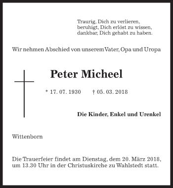 Traueranzeige von Peter Micheel von Kieler Nachrichten