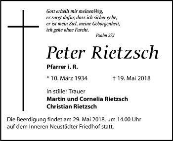 Traueranzeige von Peter Rietzsch von Dresdner Neue Nachrichten