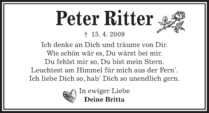  Traueranzeige für Peter Ritter vom 14.04.2018 aus Kieler Nachrichten